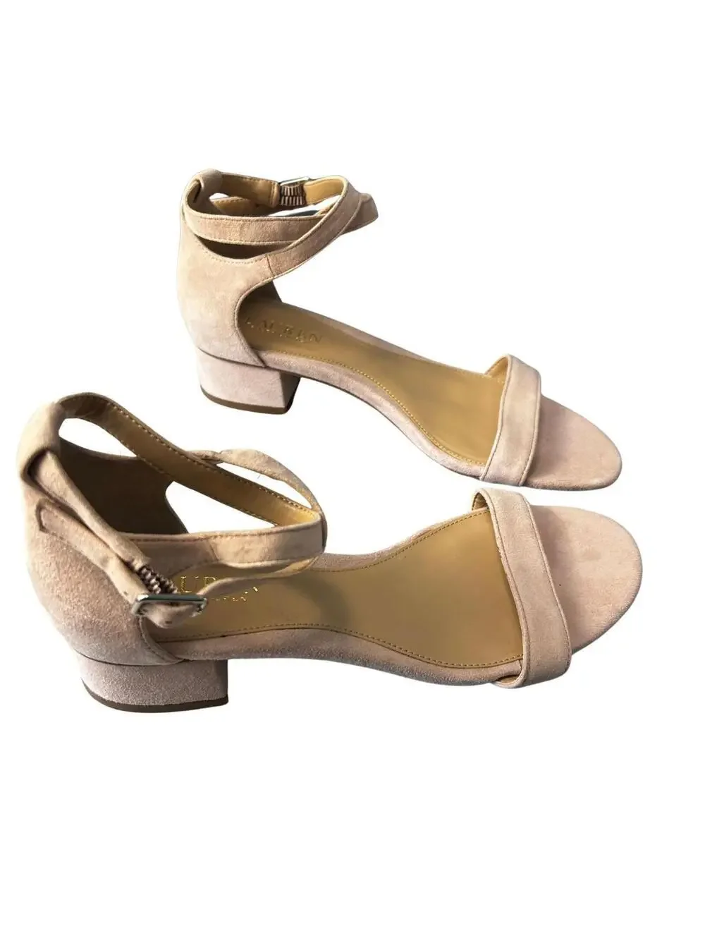 Lauren Ralph Lauren Soft Pink Suede Ankle Strap Block Heel Sandals